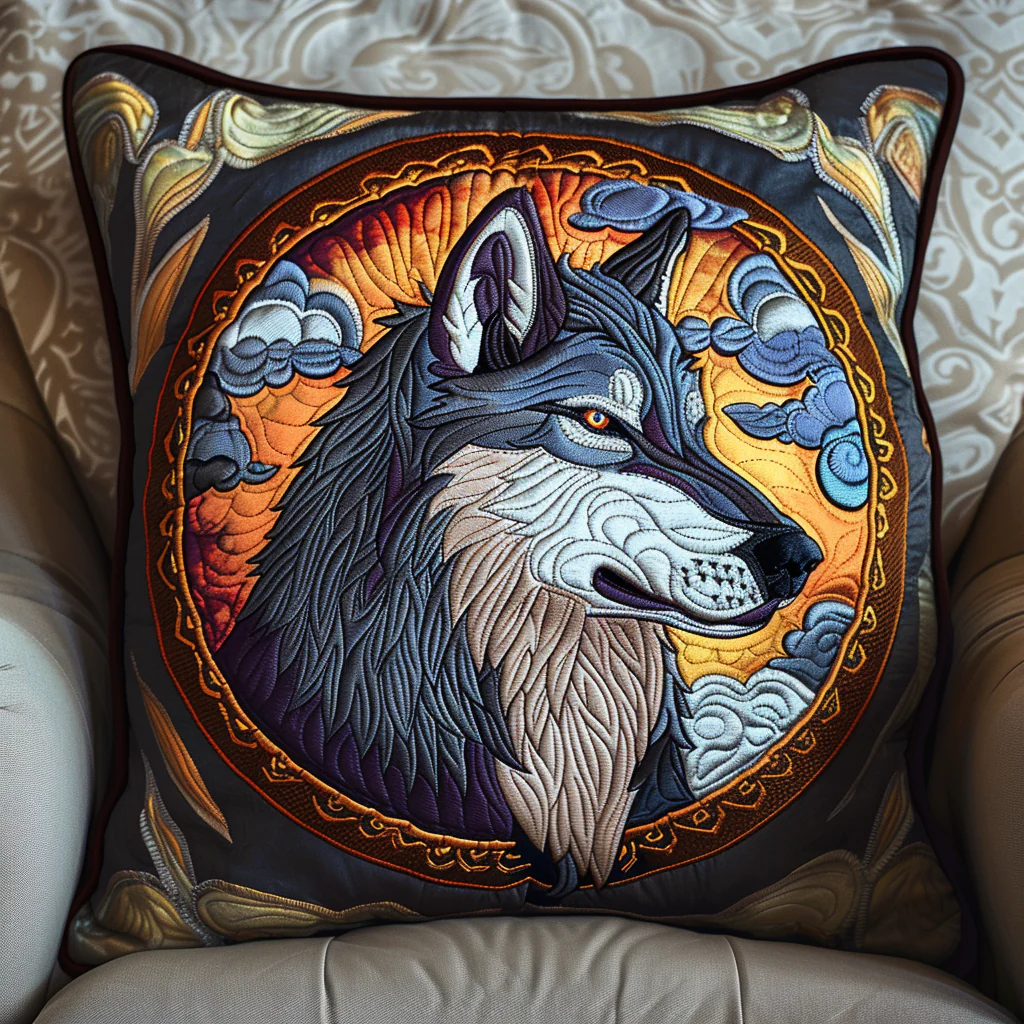 Celestial Wolf Moon Quilted Pillow Case Wildlife Home Decor Gift For Him