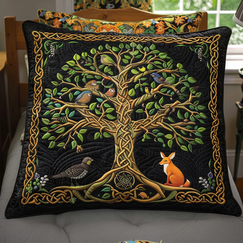 Celtic Tree of Life Patterned Quilted Pillow Case Mystical Forest Cushion Case Gift For Him