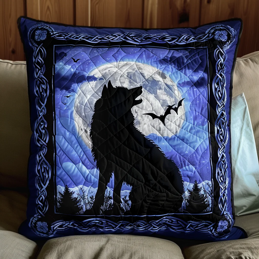 Celtic Wolf Quilted Pillow Cover Moon Night Gothic Home Decor Gift For Animal Lovers