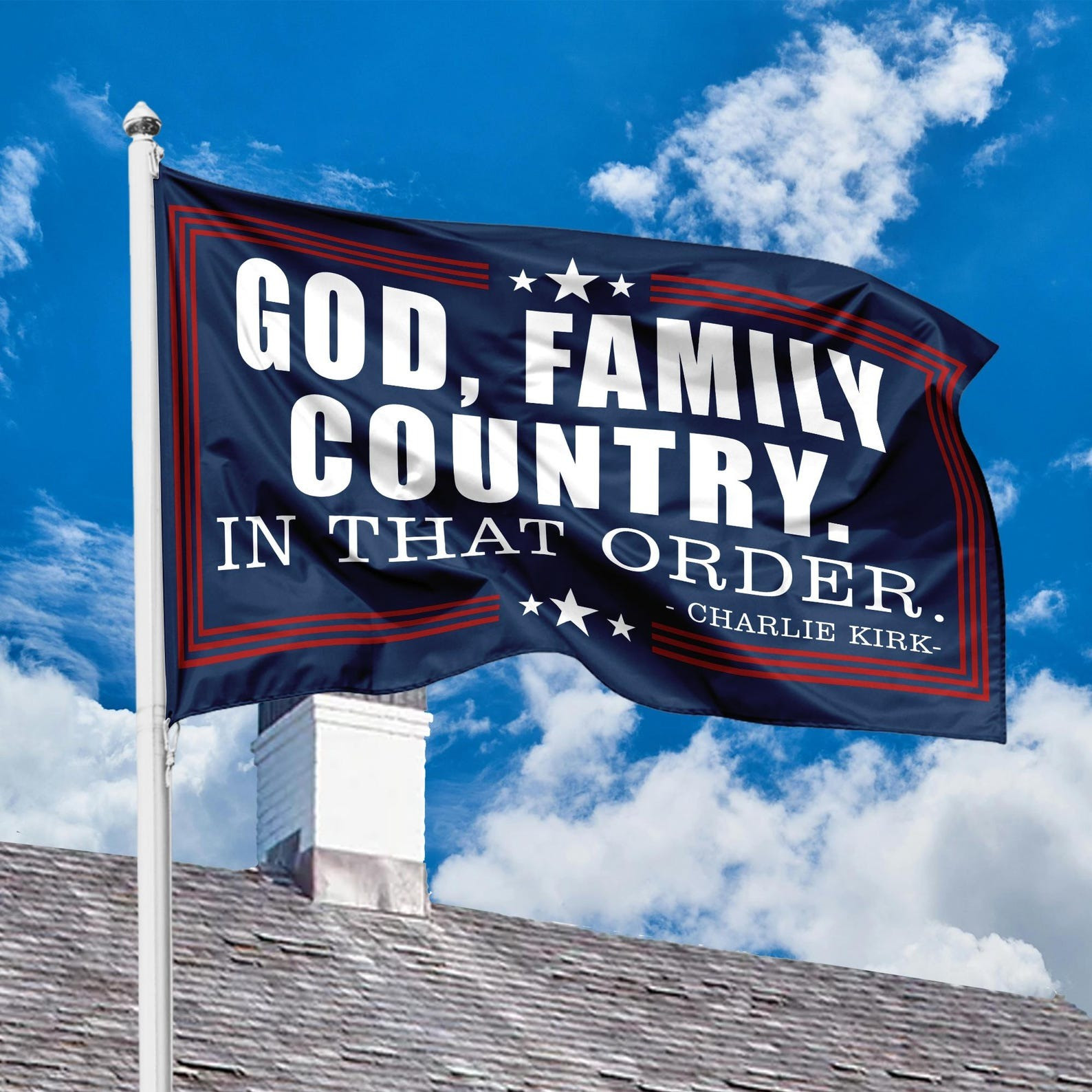 Charlie Kirk Flag God Family Country In That Order Trump Supporters Banner Merchandise