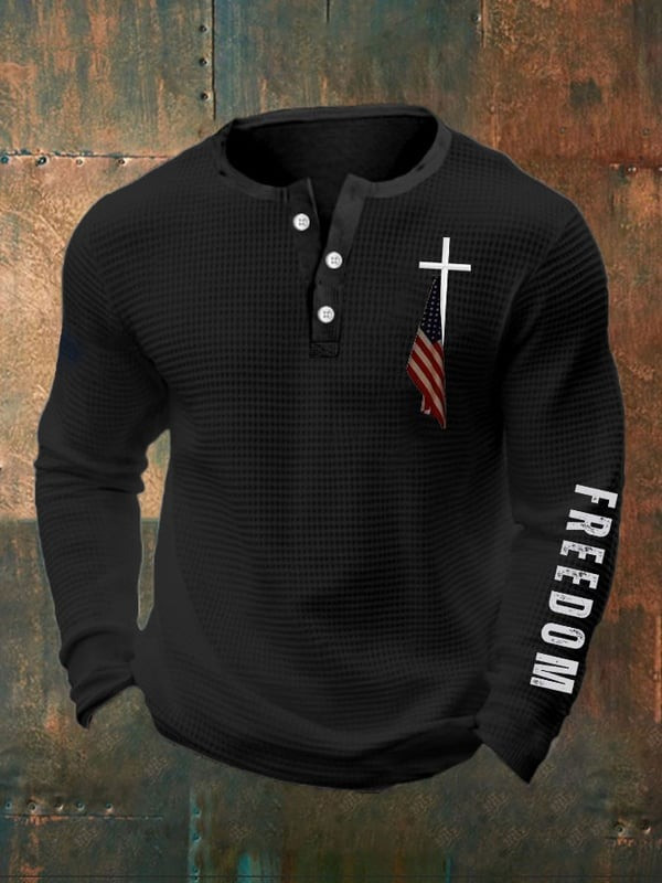 Charlie Kirk Freedom Button Long Sleeve Shirt Men's Faith Cross American Flag Memorial Merch
