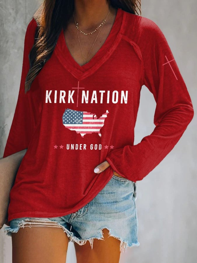 Charlie Kirk Freedom Long Sleeve V-Neck Shirt Women's One Nation Under God Faith Apparel - Image 2