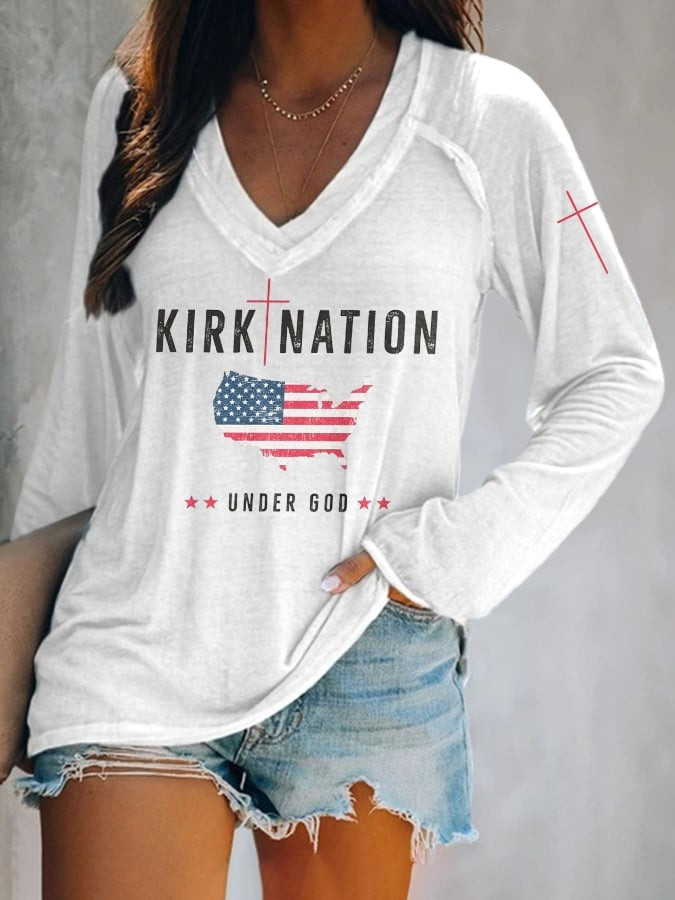 Charlie Kirk Freedom Long Sleeve V-Neck Shirt Women's One Nation Under God Faith Apparel