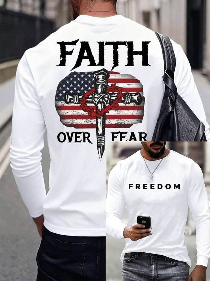 Charlie Kirk Freedom White Men's Long Sleeve Shirt Faith Over Fear Christian Apparel