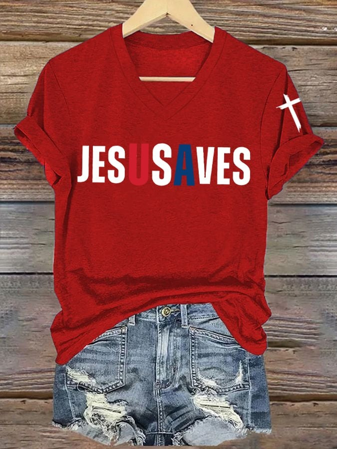 Charlie Kirk Jesu Saves V-Neck Shirt Women's America Patriotic Stand With Charlie Kirk