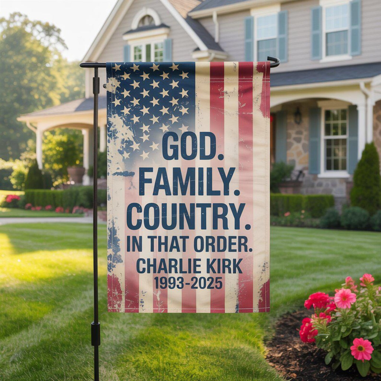 Charlie Kirk Memorial Merch Flag God Family Country In That Order Vintage American Flag