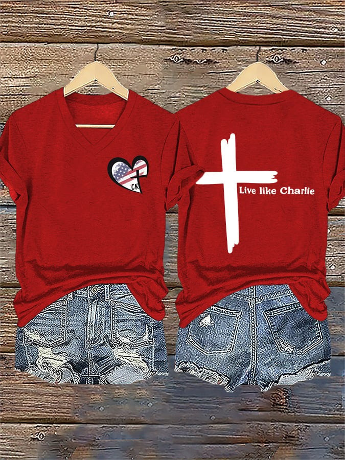 Charlie Kirk Memorial V-Neck Shirt Cross Live Like Charlie Kirk Turning Point USA Inspired