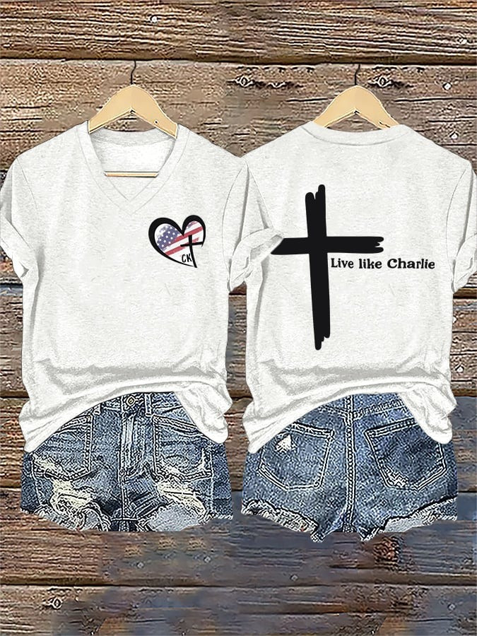 Charlie Kirk Memorial V-Neck Shirt Cross Live Like Charlie Kirk Turning Point USA Inspired - Image 2
