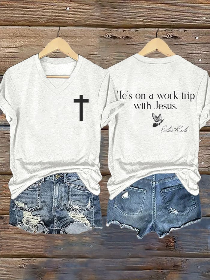 Charlie Kirk Memorial V-Neck Shirt He's On A Work Trip With Jesus Erika Kirk Merch Apparel - Image 2