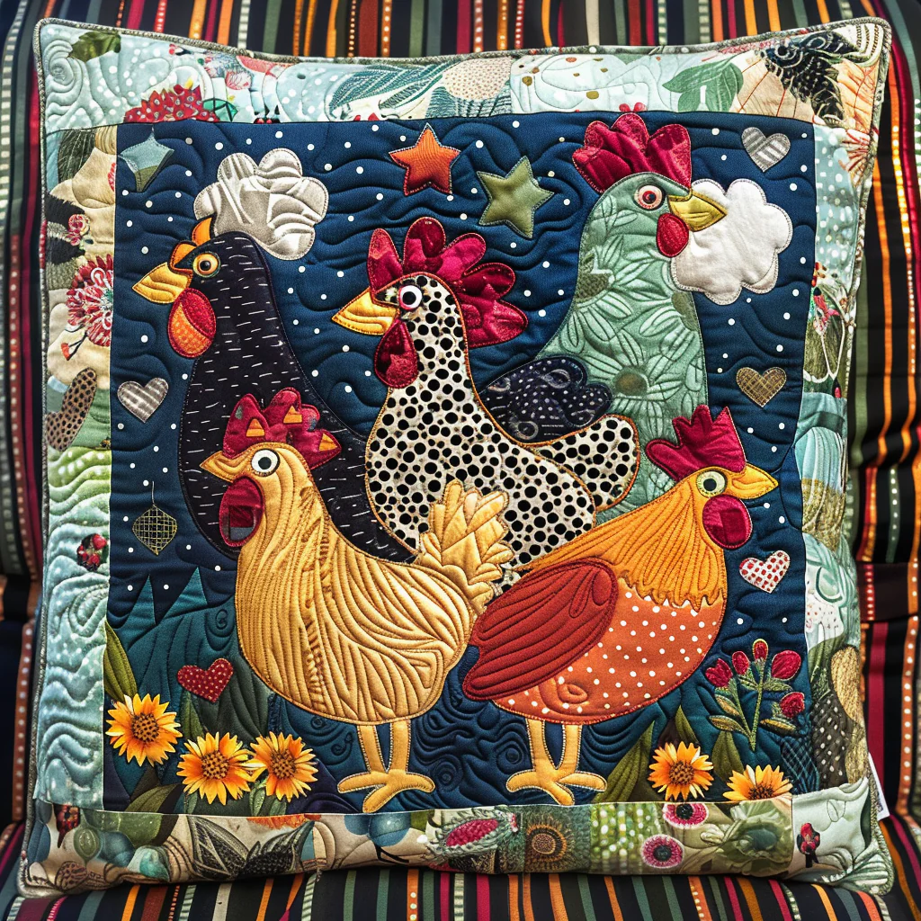 Charming Chicken Quilted Pillow Cover Colorful Hen Rooster Farmhouse Rustic Home Decor