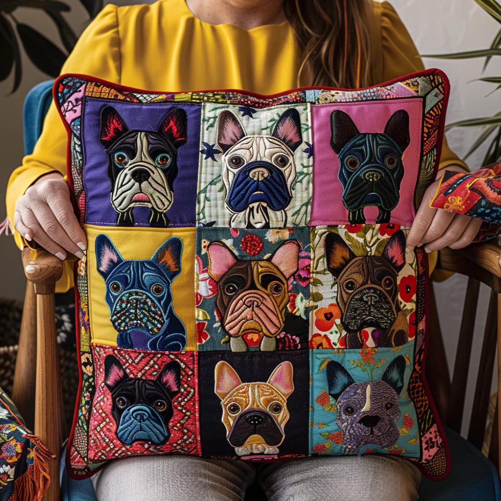 Charming French Bulldog Quilted Pillow Colorful Dog Padded Pillow Gift For Pet Lovers
