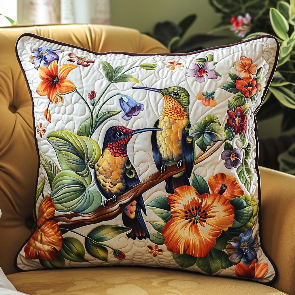 Charming Hummingbirds Quilted Pillow Colorful Bird Cushion Cover Home Decor Gift