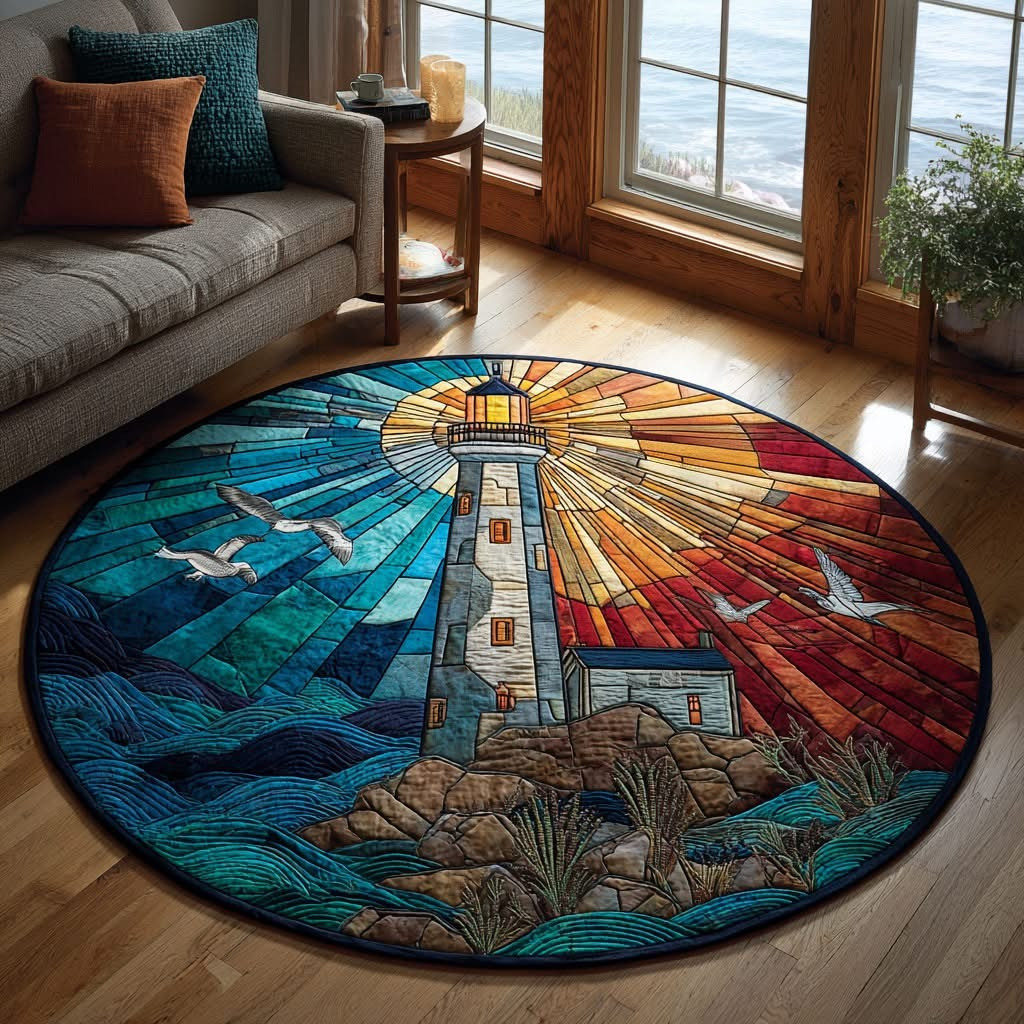 Charming Ocean Lighthouse Quilted Round Mat Best Round Rugs Lighthouse Gifts Items