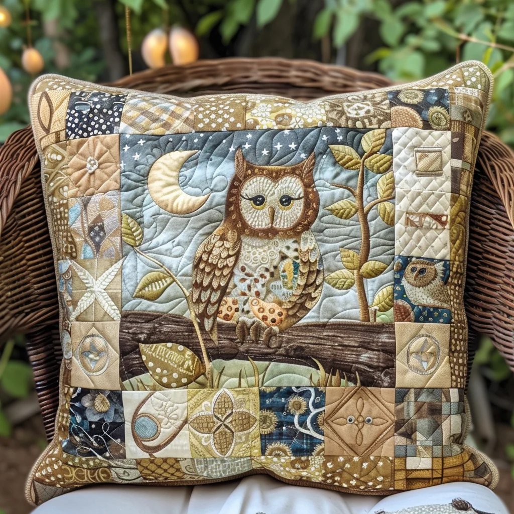Charming Owl Quilted Pillow Rustic Patchwork Cushion Cover Woodland Home Decor Gift