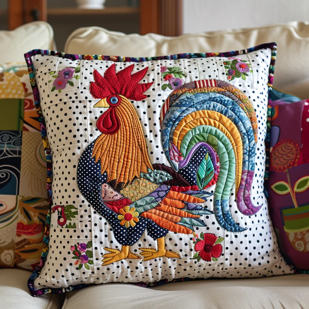 Charming Rooster Quilted Pillow Colorful Farmhouse Padded Pillow New House Gift Items