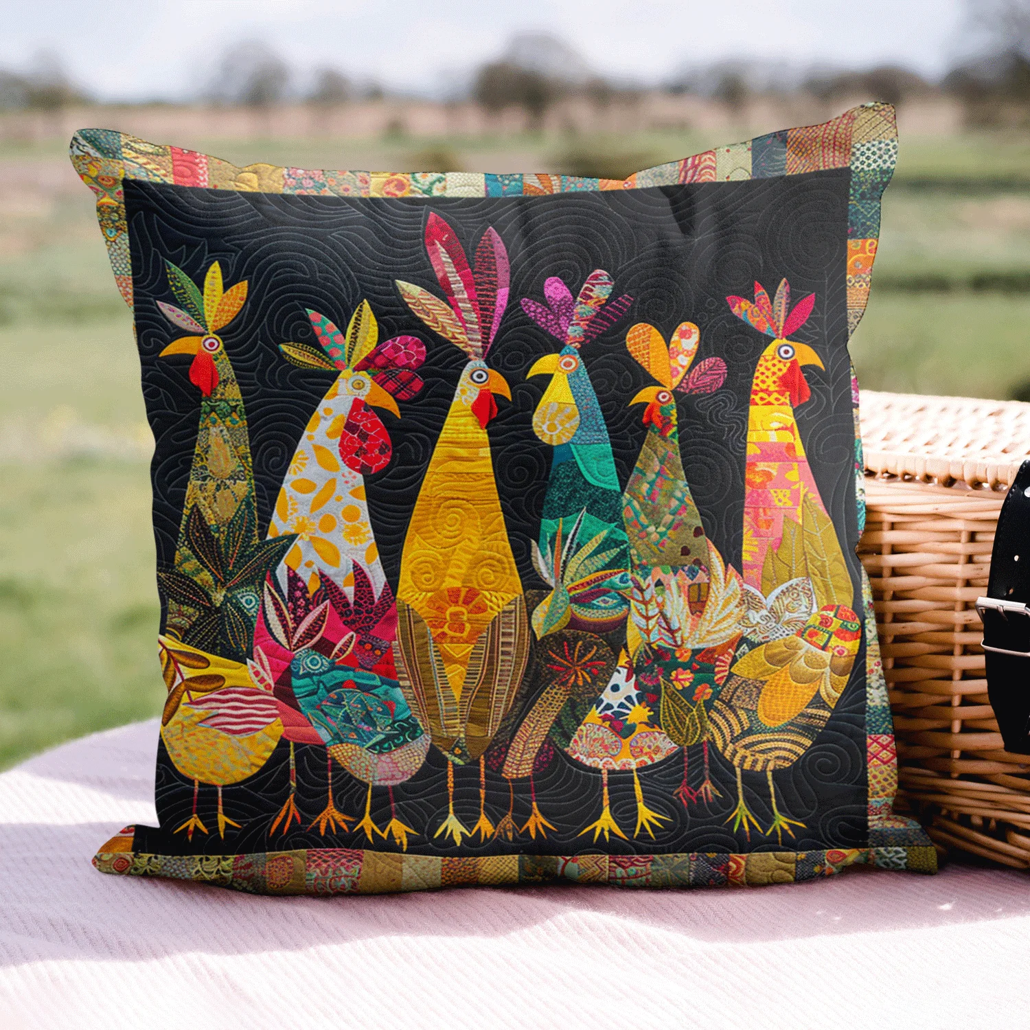 Charming Rooster Quilted Pillow Rustic Home Sofa Decor Quilted Cushion Housewarming Gift