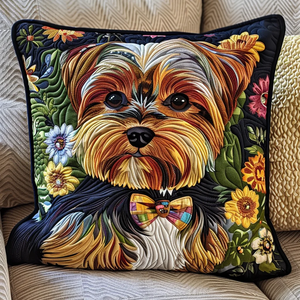 Charming Yorkie Quilted Pillow Cozy Living Room Decor Cute Puppy Patchwork Cushion