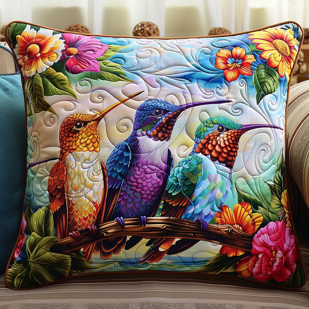 Cheerful Bird Song Quilted Pillow Colorful Nature Patchwork Cushion Rustic Home Sofa Decor
