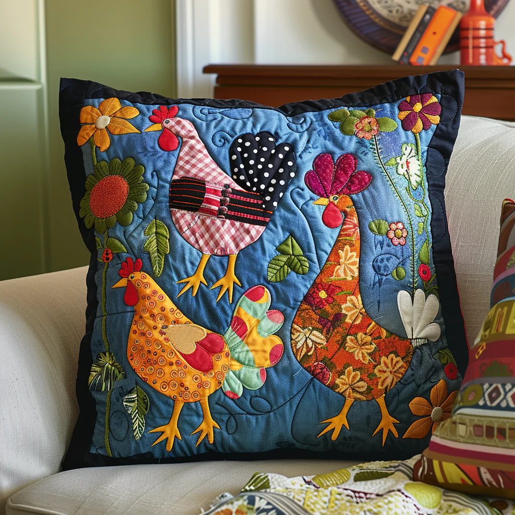 Cheerful Chicken Quilted Pillow Colorful Farm Quilted Cushion Best Decorative Pillow Gift