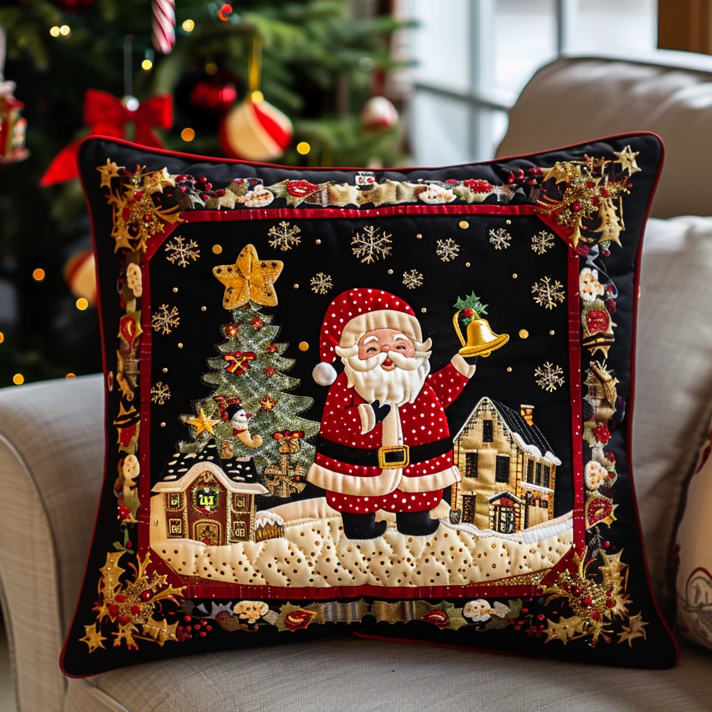 Cheerful Santa Quilted Pillow Festive Christmas Patchwork Cushion Perfect Christmas Gift