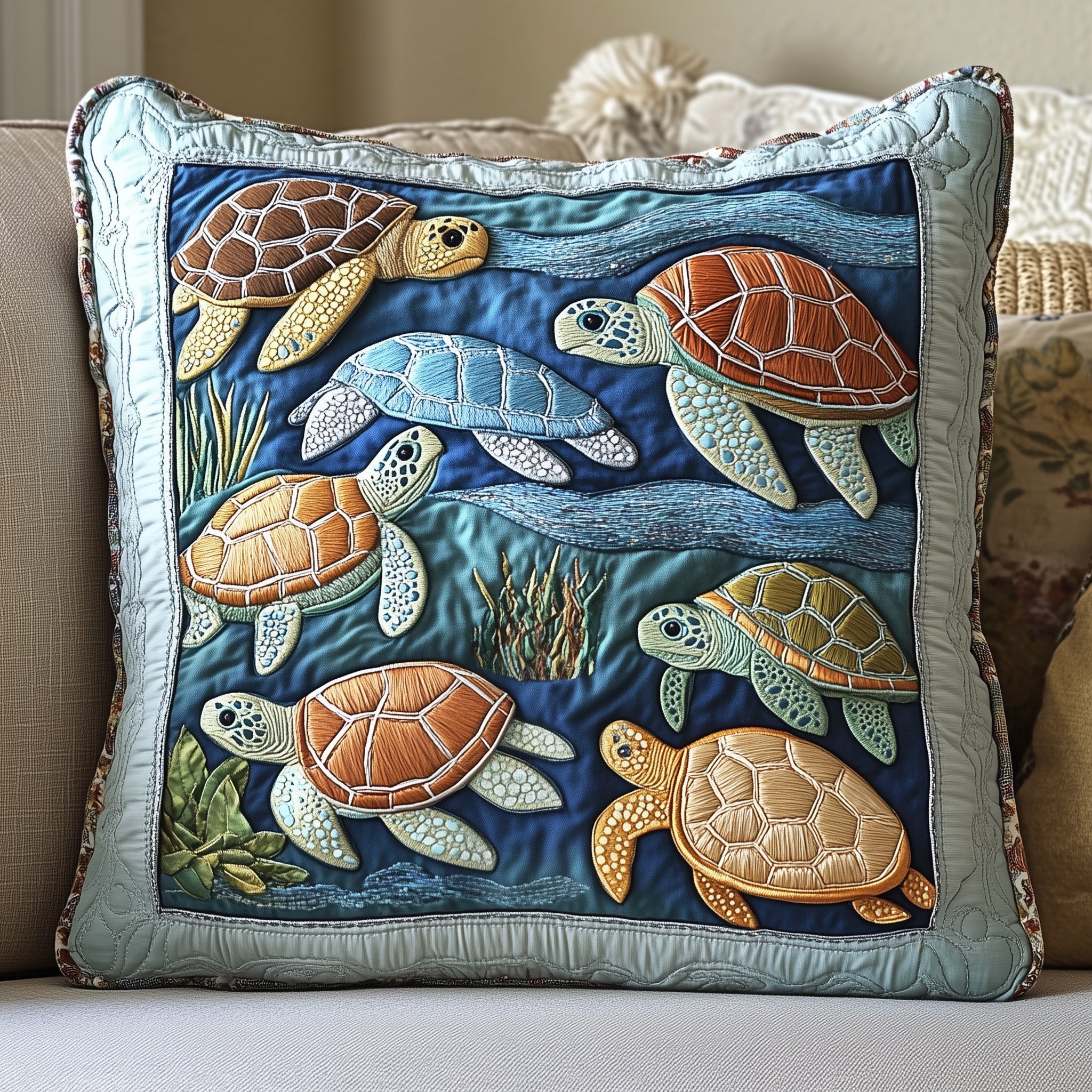 Cheerful Turtle Quilted Pillow Case Throw Pillow Cover ItemGifts For Sea Turtle Lovers