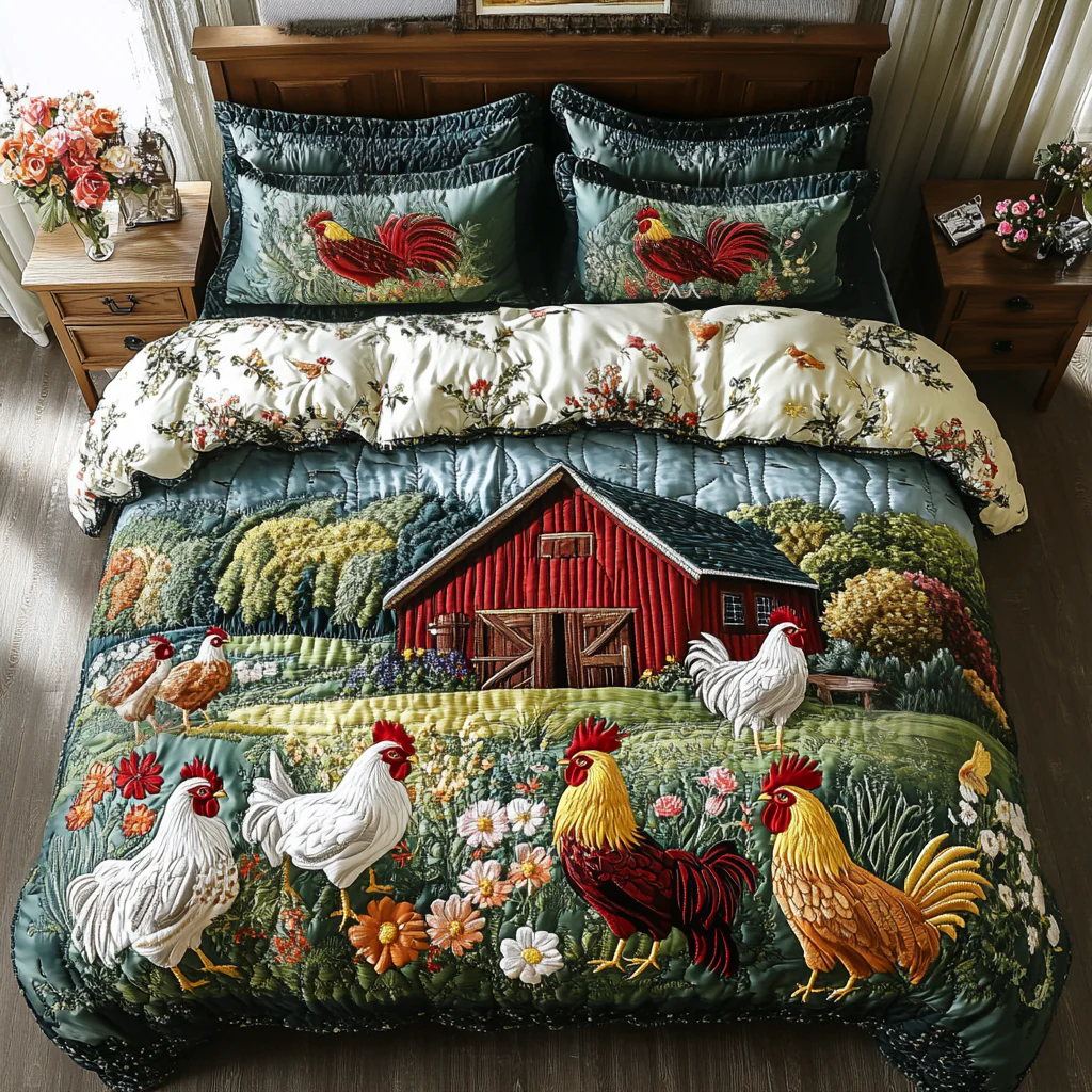 Chicken Barn Beauty Quilted Bedding Set Farmhouse Bedspread Set Gifts For Farmers