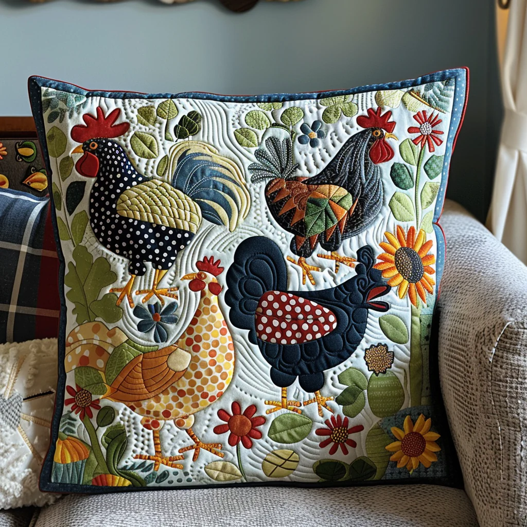 Chicken Chat Quilted Pillow  Chicken Patchwork Cushion Housewarming Gift