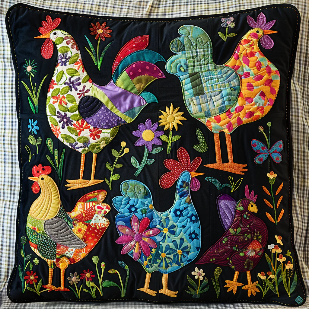 Chicken Cheer Quilted Pillow Colorful Farm Quilted Cushion Patchwork Farmhouse Home Decor