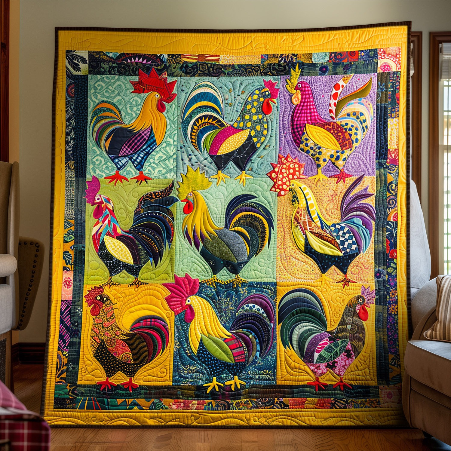 Chicken Farmhouse Fiesta Quilted Blanket Colorful Animal Throw Blanket Gifts For Farmers