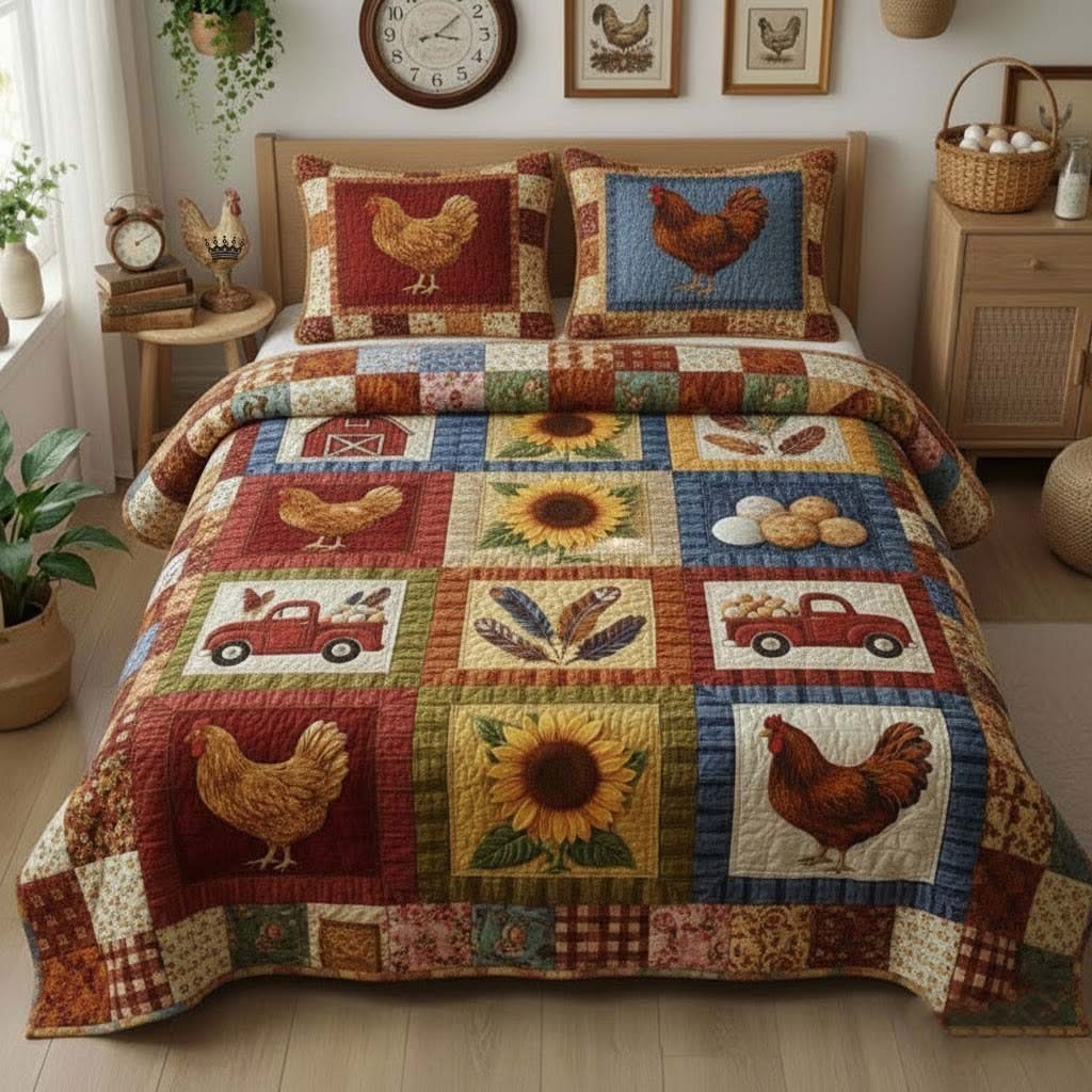 Chicken Farmlife Quilted Bedding Set Patchwork Bedspread Set Gifts Ideas For Farmers