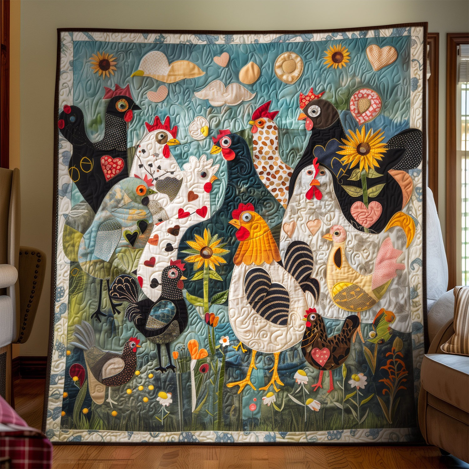 Chicken Feathered Garden Quilted Blanket Whimsical Animal Throw Blanket Gifts For Chicken Lover