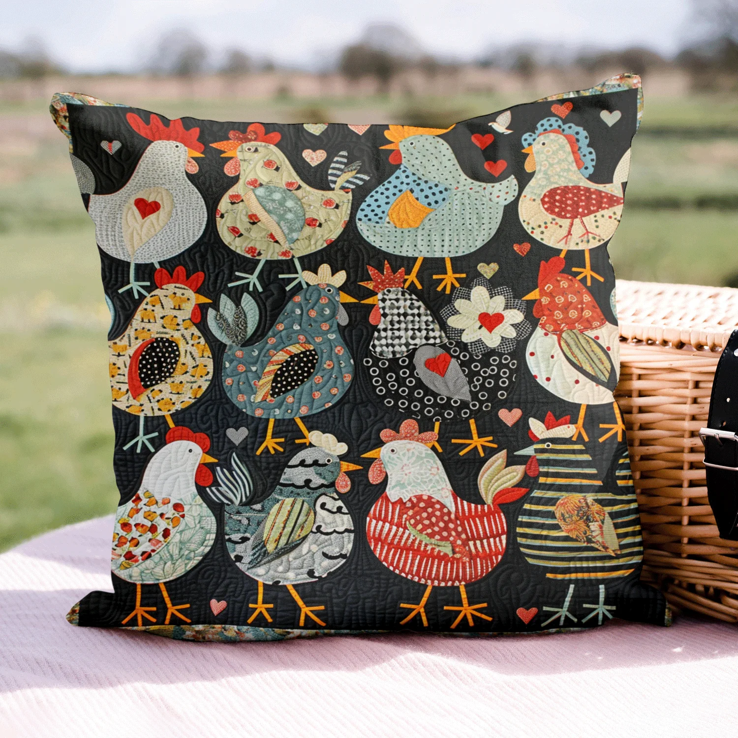 Chicken Paradise Quilted Pillow Colorful Patchwork Farmhouse Cushion Housewarming Gift