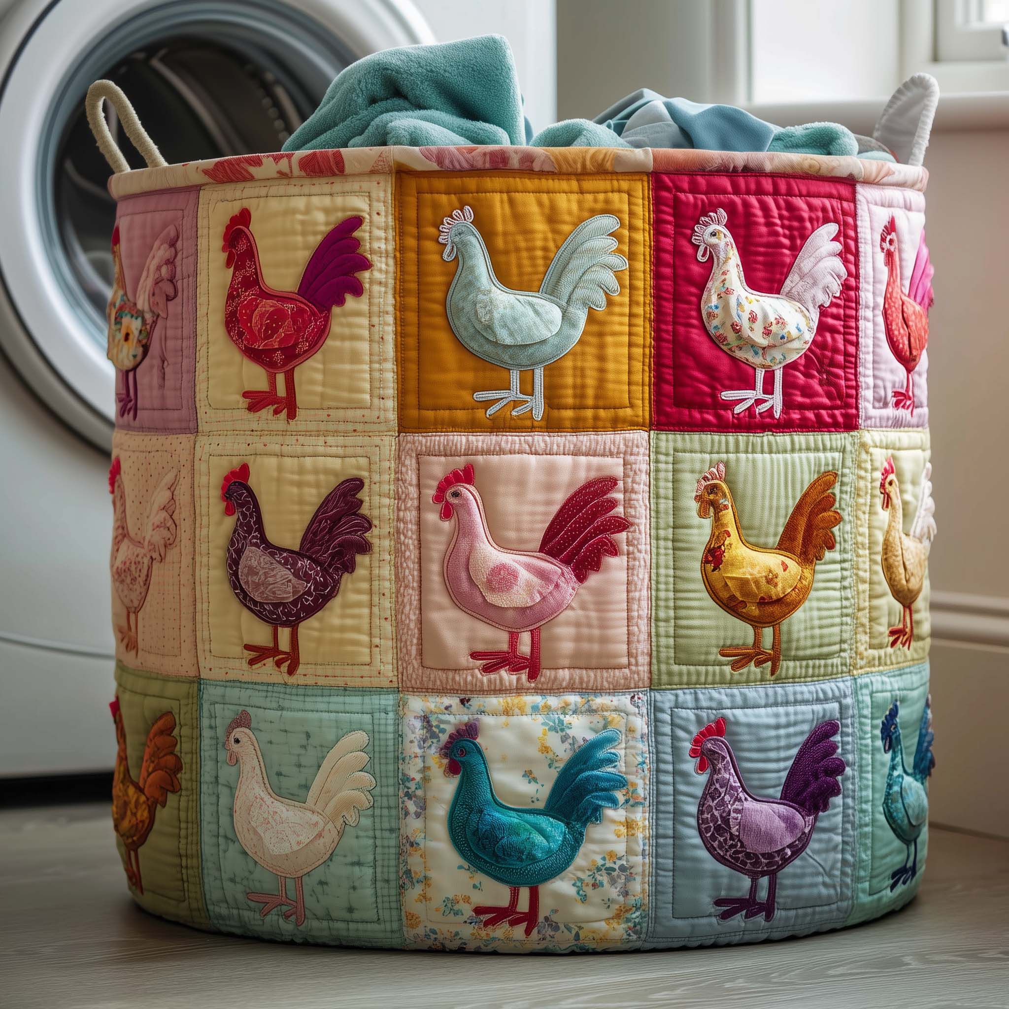 Chicken Patchwork Quilted Laundry Basket Cute Clothes Hamper Gifts With Chickens On Them