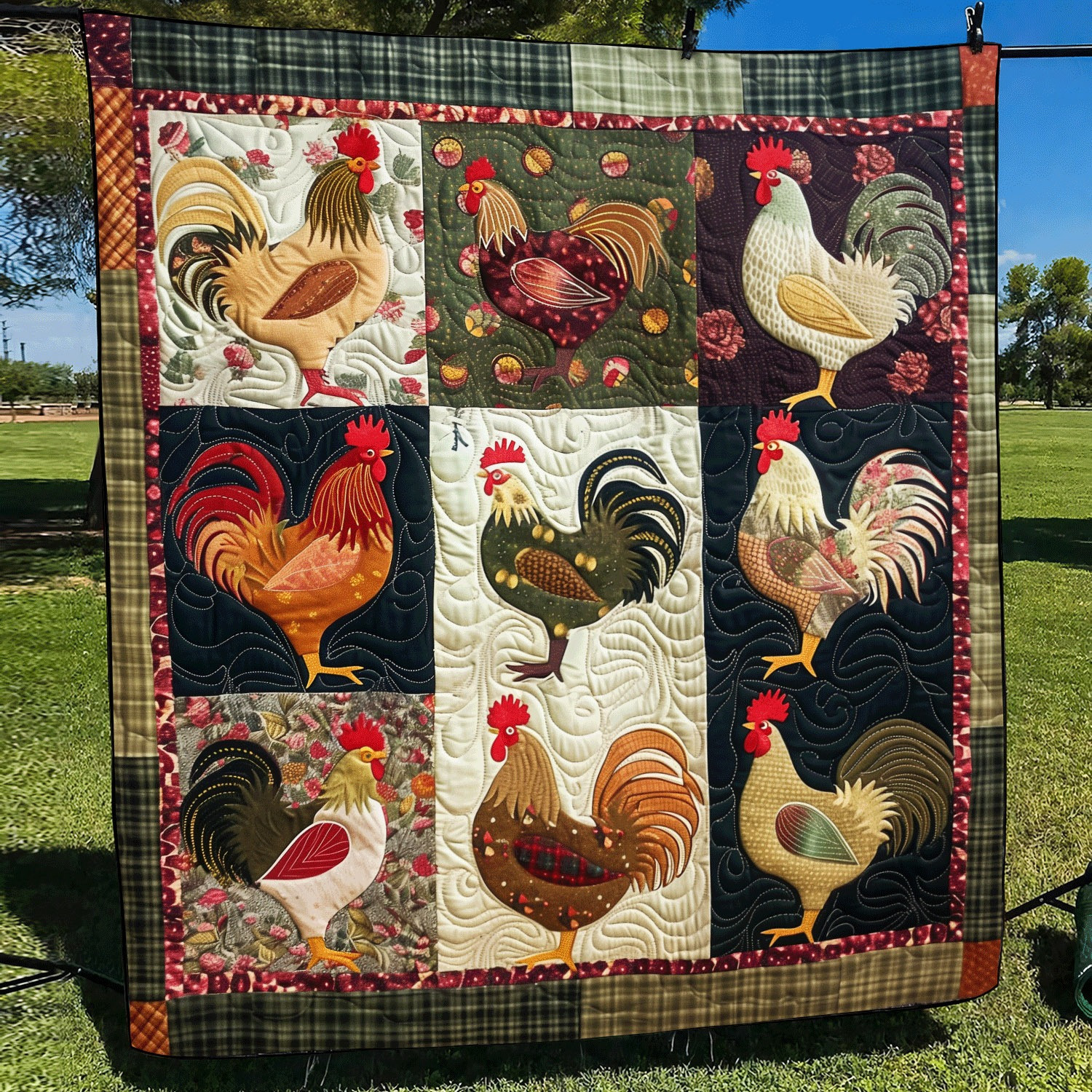 Chicken Plaid Patch Quilted Blanket Farmhouse Animal Throw Blanket Gifts With Chickens On Them