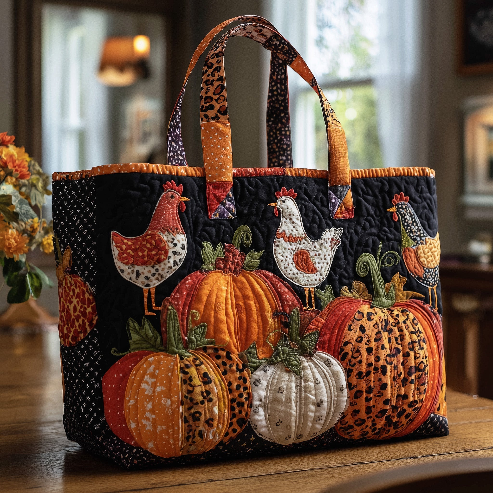 Chicken Pumpkin Quilted Tote Bag Autumn Themed Travel Tote Bag Gifts For Mom