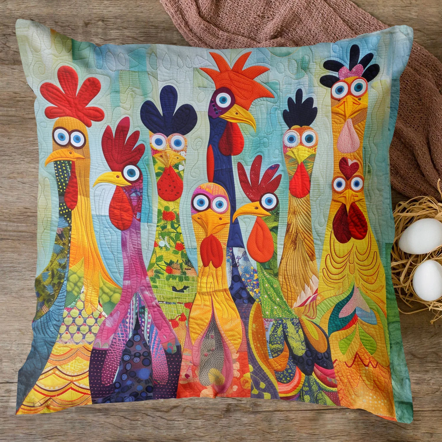 Chicken Vibrant Village Quilted Pillow Colorful Farmhouse Cushion Country Home Decor