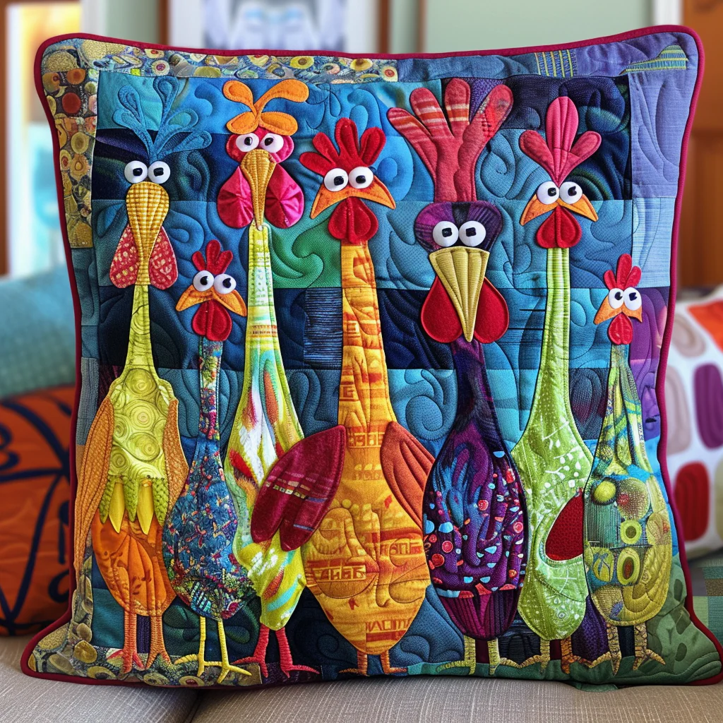 Chicken Vibrant Village Quilted Pillow Colorful  Farmhouse Cushion Rustic Home Sofa Decor