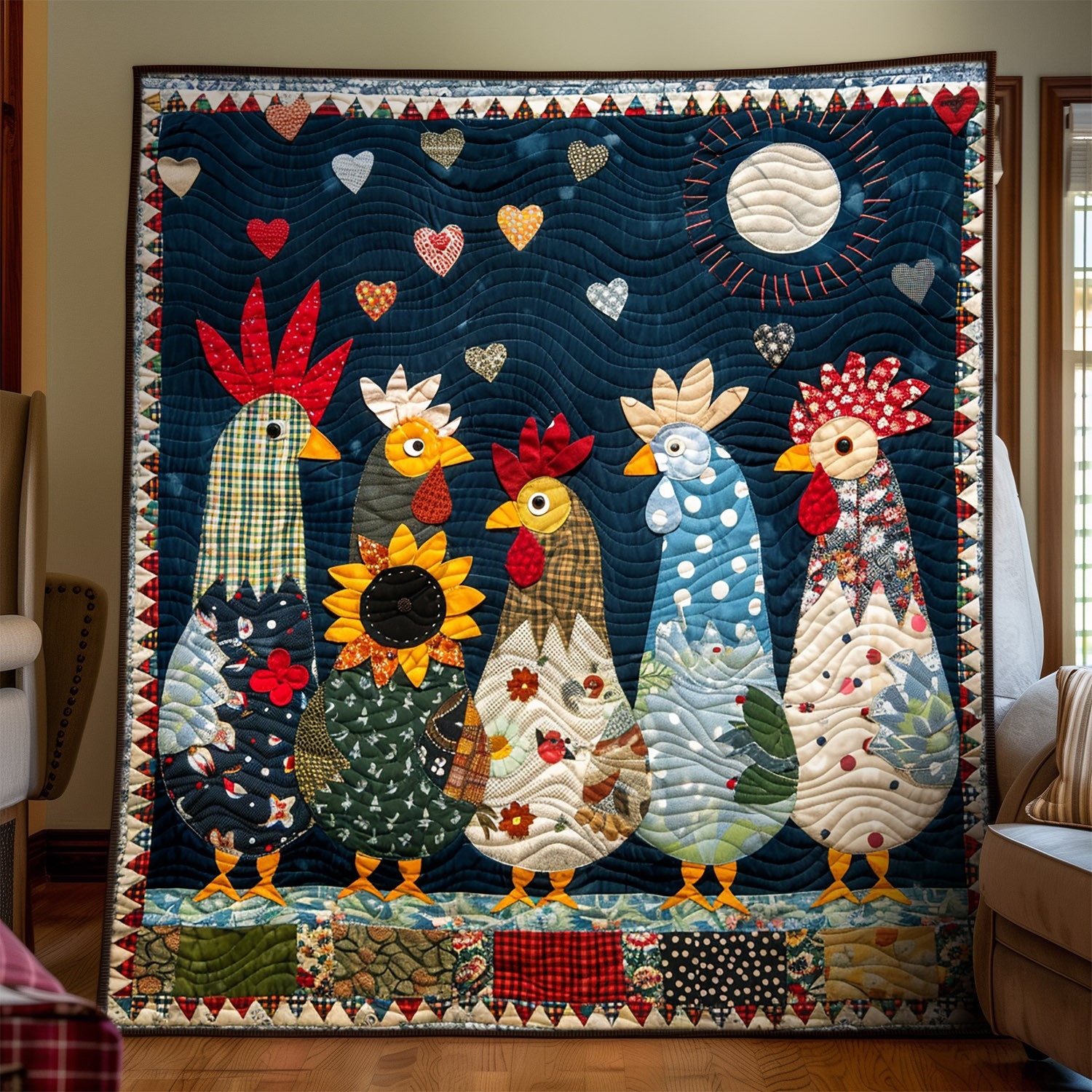 Chicken Whimsical Patchwork Quilted Blanket Folk Art Rooster Throw Blanket Gifts For Mom