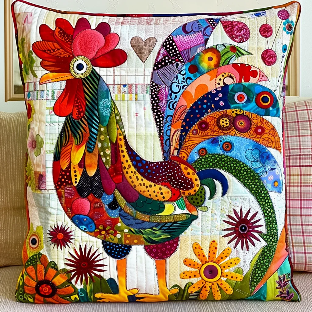 Chickens in Bloom Quilted Pillow Colorful Patchwork Rooster Cushion Farmhouse Home Decor