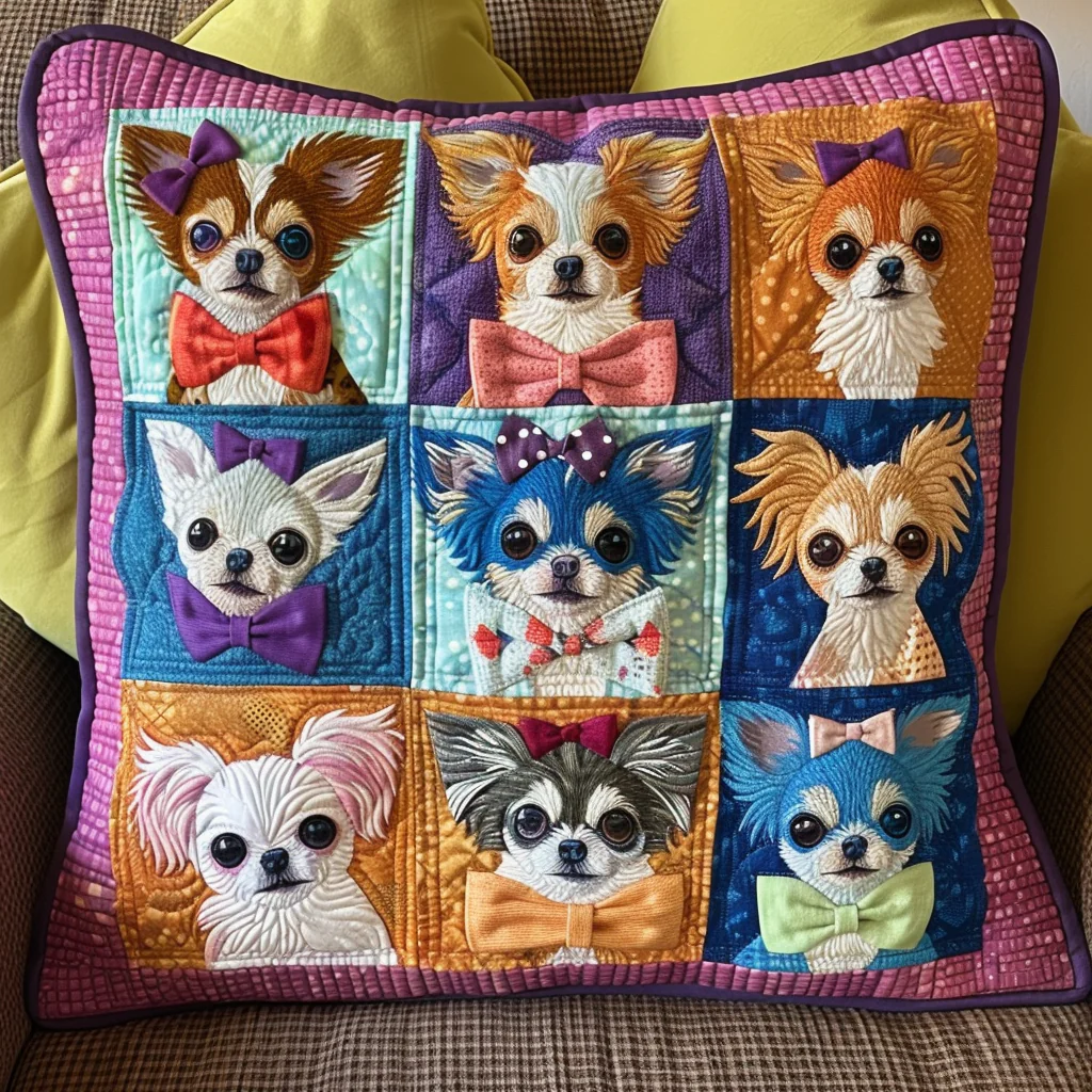 Chihuahua Bows Quilted Pillow Cute Dog Chihuahua Patchwork Cushion Gift For Dog Lovers
