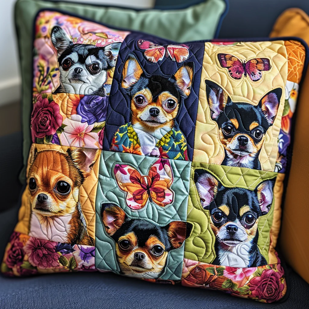 Chihuahua Butterfly Quilted Pillow Cute Puppy Patchwork Pillow Colorful Gift For Dog Lovers