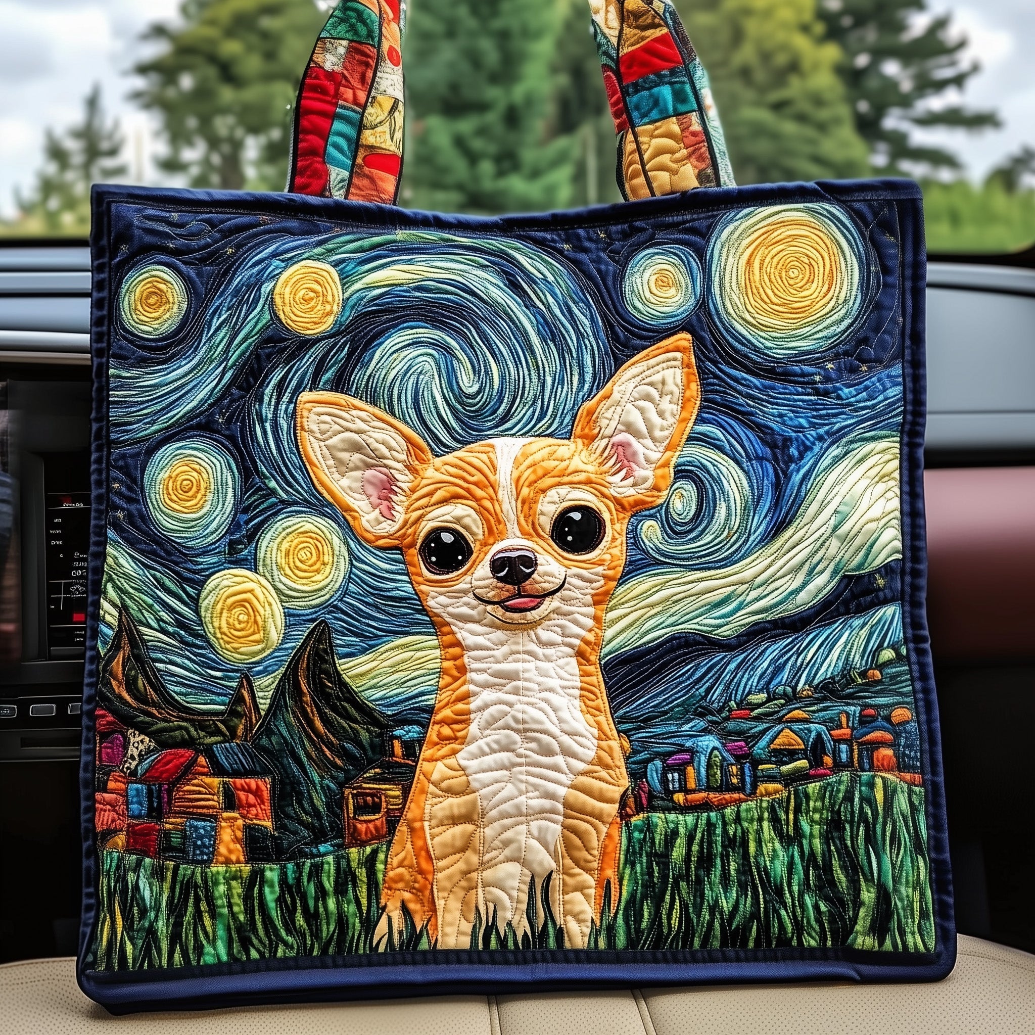 Chihuahua Starry Night Quilted Tote Bag Whimsical Shoulder Bag Gifts For Chihuahua Mom