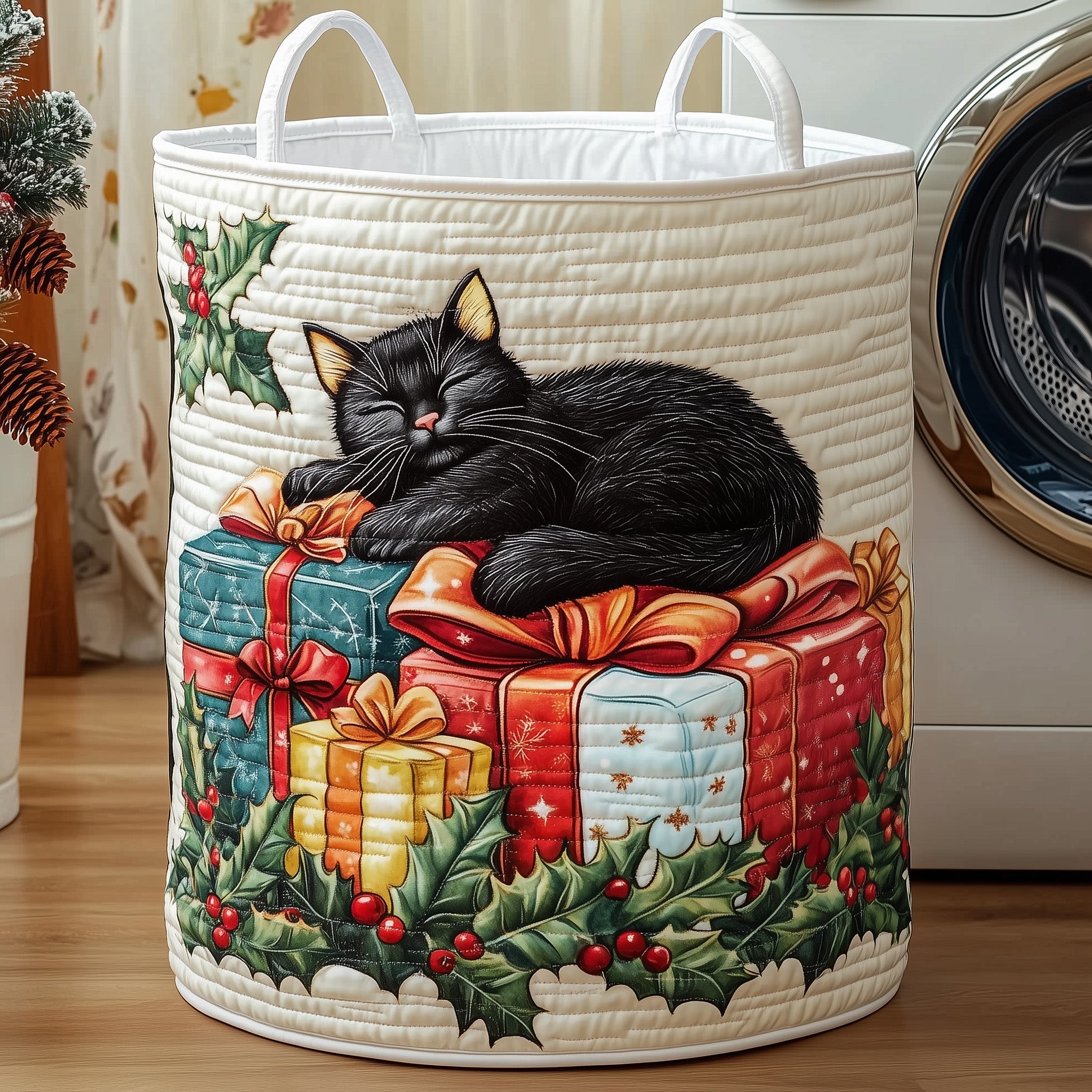 Christmas Kittens Quilted Laundry Basket Cute Animal Laundry Hamper Gifts For Black Cat Lovers