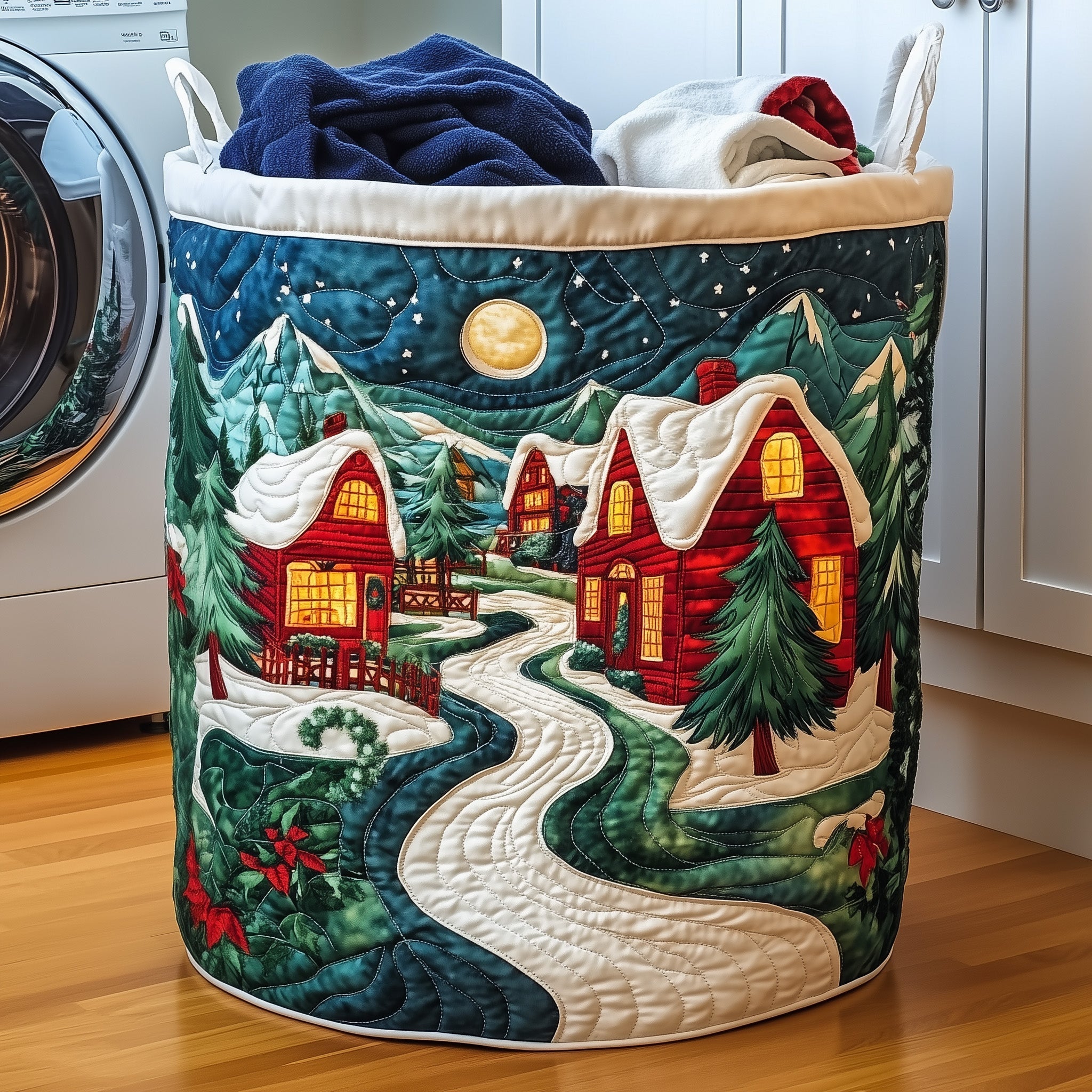 Christmas Village Quilted Laundry Basket Unique Clothes Hamper Holiday Home Decor Gifts