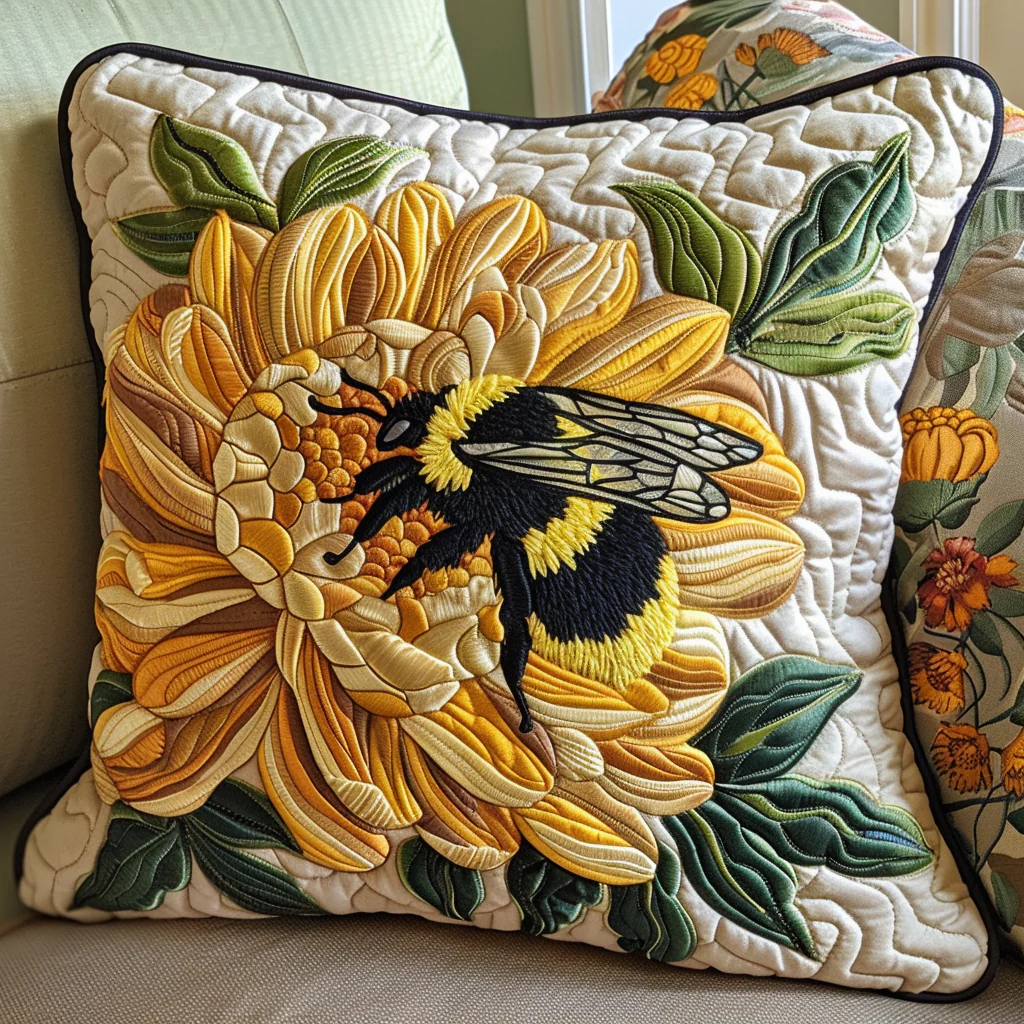 Chrysanthemum Bee Quilted Pillow Garden Inspired Throw Pillow Rustic Home Sofa Decor