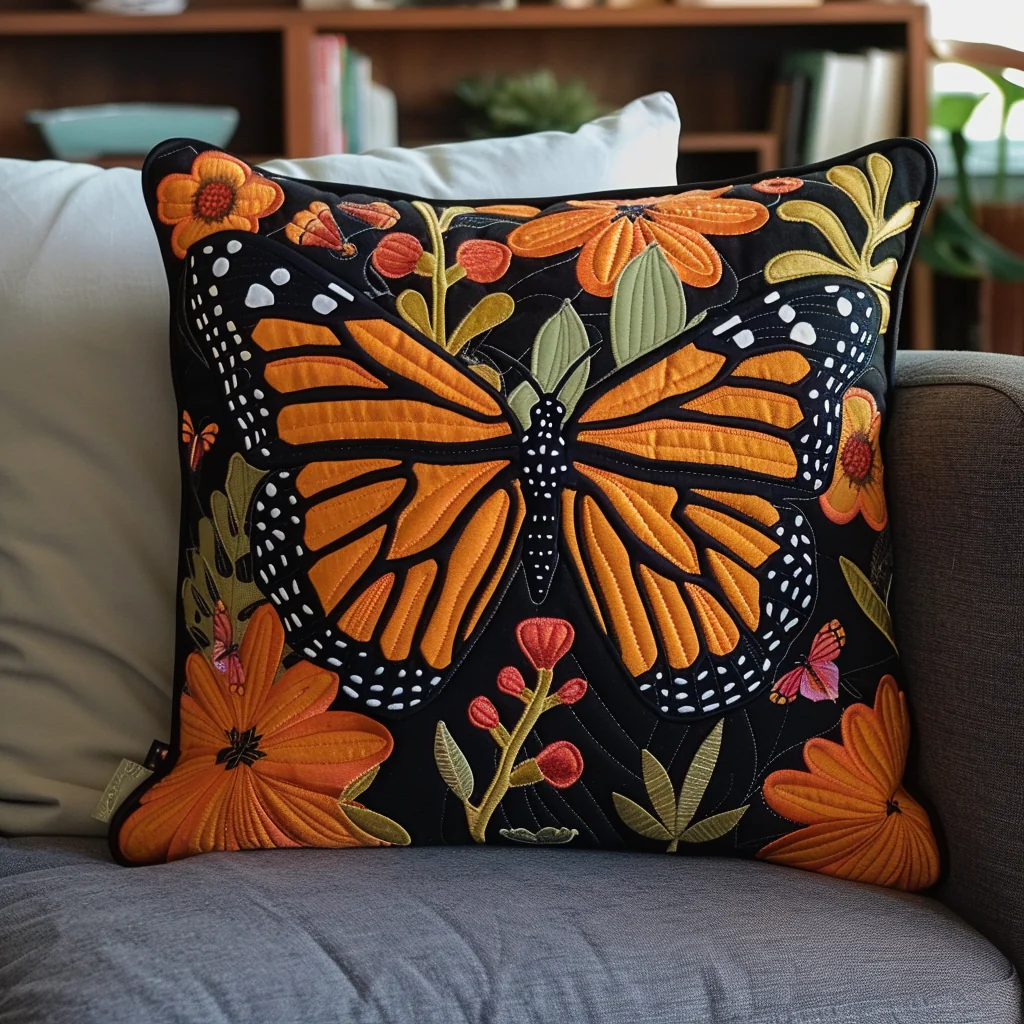 Citrus Glow Butterfly Quilted Pillow Floral Patchwork Cushion Nature Farmhouse Decor
