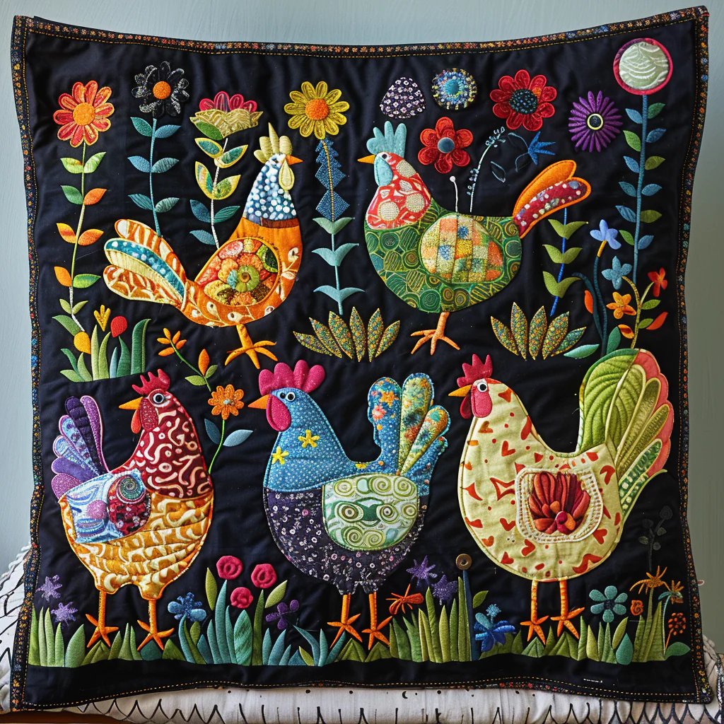 Cluck Cozy Quilted Pillow Colorful Chicken Patchwork Cushion Cute Room Decor Gift