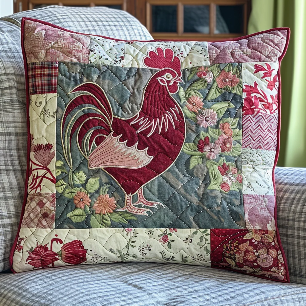 Cluckers Nest Quilted Pillow Rustic Rooster Patchwork Cushion Best Decorative Pillow Gift