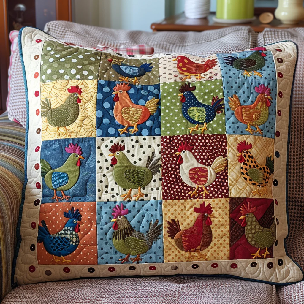 Clucking Comfort Quilted Pillow Colorful Chicken Patchwork Cushion Farmhouse Home Decor