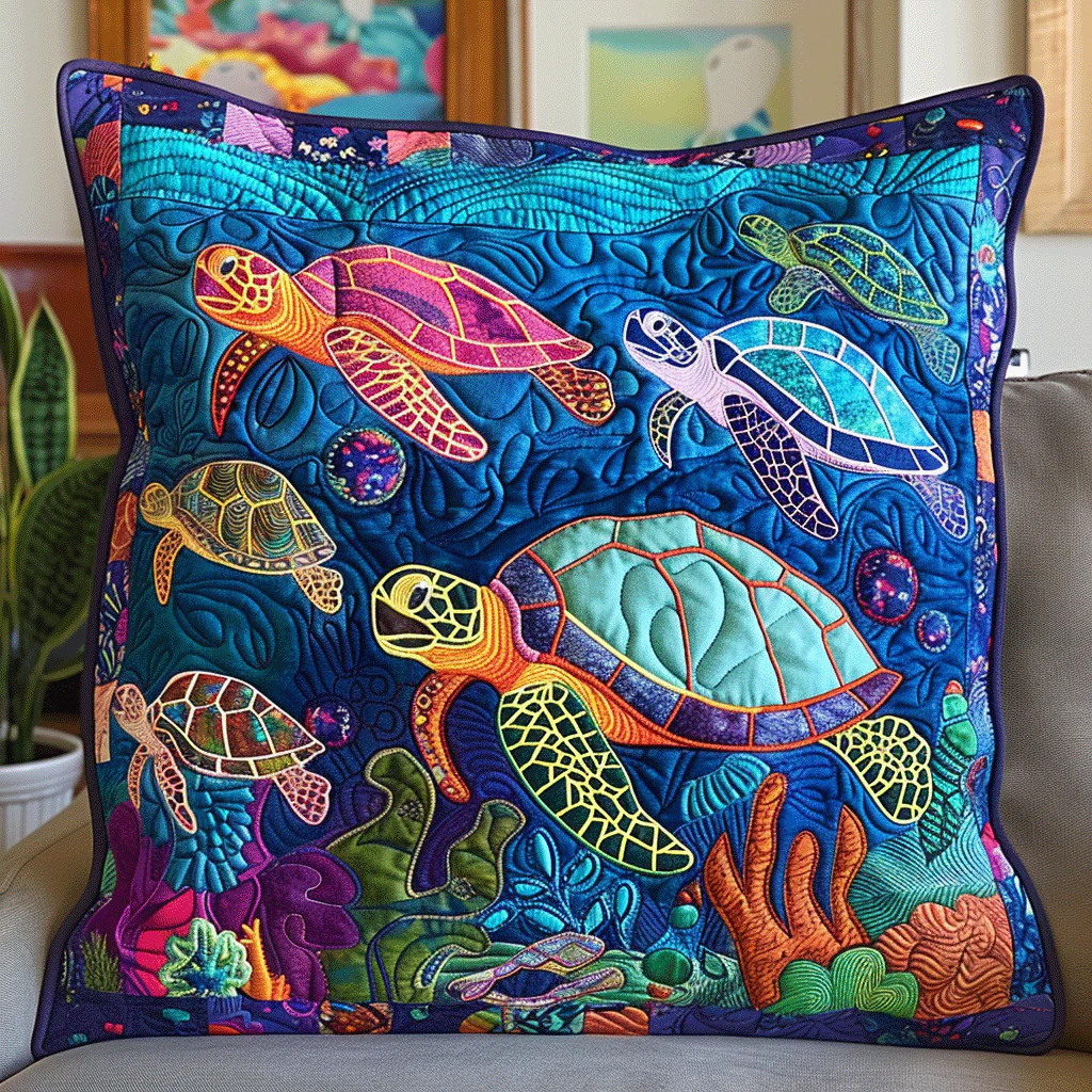 Coastal Bliss Sea Turtle Quilted Pillow Ocean Patchwork Cushion Housewarming Gift Idea